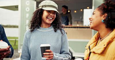 Buy stock photo Happy, food truck and friends with coffee in city for bonding, conversation and relax on weekend. Talking, social gathering and people with drink by mobile cafe, restaurant and vendor for hangout