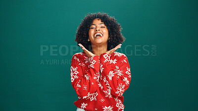 Buy stock photo Woman, Christmas and portrait in studio, happy and culture with jumper for tradition on background. Girl, smile and celebration with mockup space, xmas and holiday with festive jersey in Costa Rica