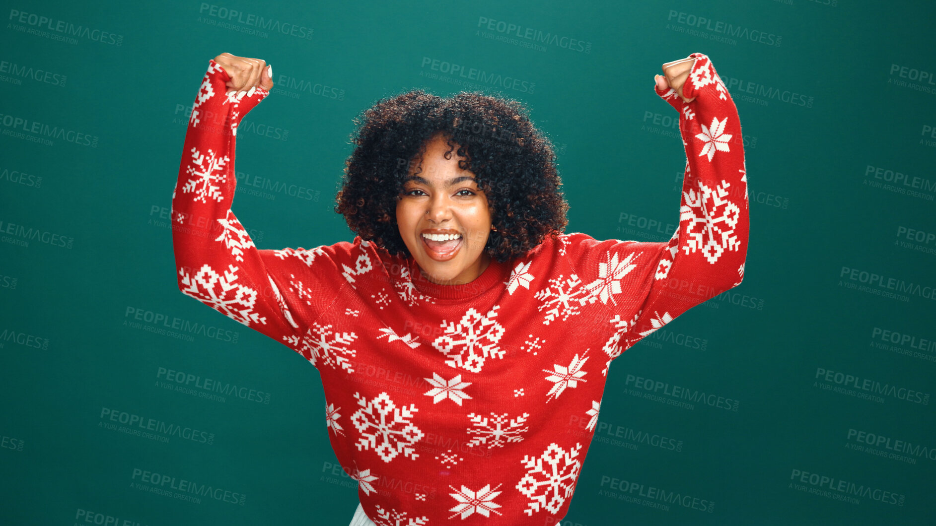Buy stock photo Christmas, excited and portrait of black woman in studio for tradition, festive or celebration. Happy, cheering and face of African female person with good news for xmas party by green background.