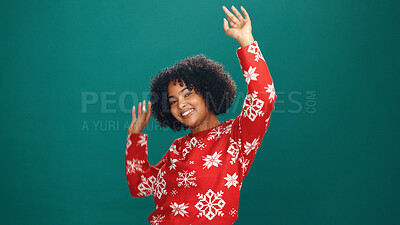 Buy stock photo Christmas, smile and portrait of woman with dance in studio for tradition, festive or celebrate. Happy, excited and face of female person from Colombia with rhythm for xmas party by green background.