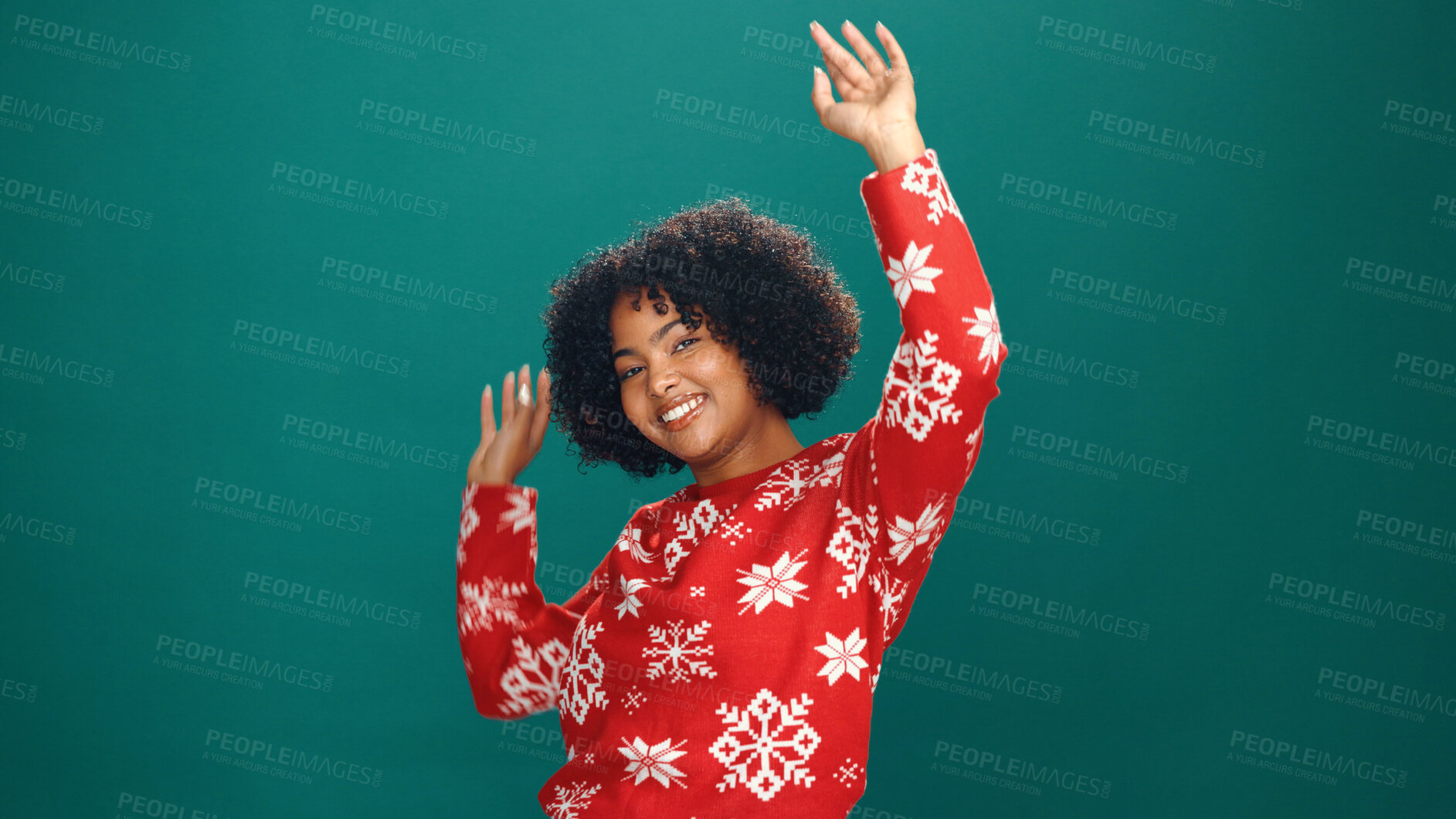 Buy stock photo Christmas, smile and portrait of woman with dance in studio for tradition, festive or celebrate. Happy, excited and face of female person from Colombia with rhythm for xmas party by green background.