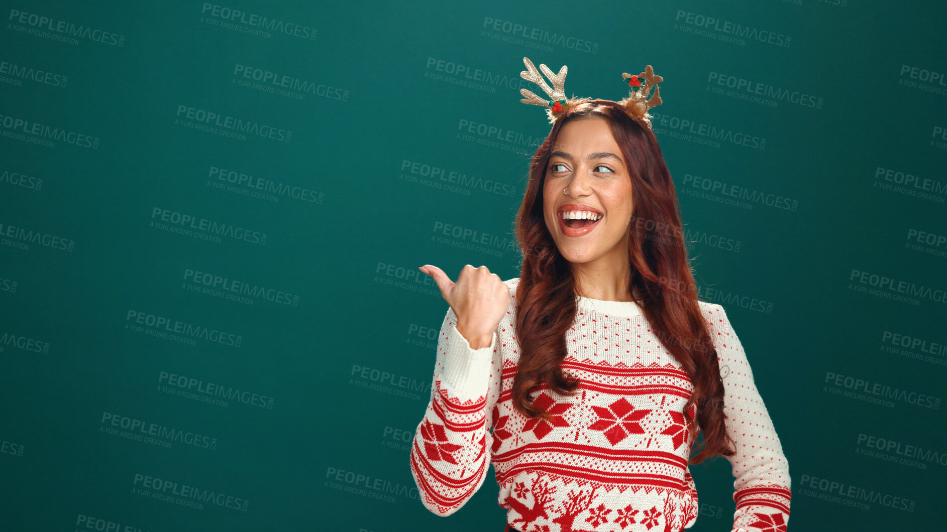 Buy stock photo Studio, pointing and woman with smile, Christmas and happy for holiday discount or green background. Excited, person and direction of presentation, mockup space and show xmas offer or festive season