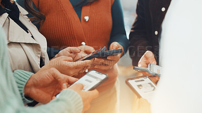 Buy stock photo Hands, phone and sharing with business people in circle at work for communication or networking. Huddle, information transfer and team with employee group in office together for mobile connectivity
