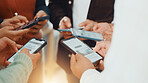 Hands, phone and transfer with business people in circle at work for communication or networking. Huddle, information sharing and team with employee group in office together for mobile connectivity