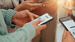 Hands, phone and sharing with employee people in circle at work for communication or networking. Huddle, information transfer and team with business group in office together for mobile connectivity