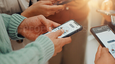 Buy stock photo Hands, phone and sharing with employee people in circle at work for communication or networking. Huddle, information transfer and team with business group in office together for mobile connectivity