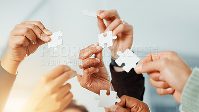 Buy stock photo Puzzle, business and hands for collaboration, planning and teamwork for hope and goals. Partnership, connection and trust for company, solutions and vision for support, idea and jigsaw for people