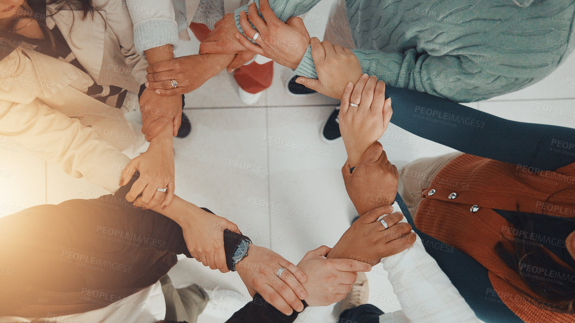 Buy stock photo Business people, hands circle and above for collaboration, support or teamwork with goals. Employees, group and together with connection for mission, target and staff synergy for success celebration