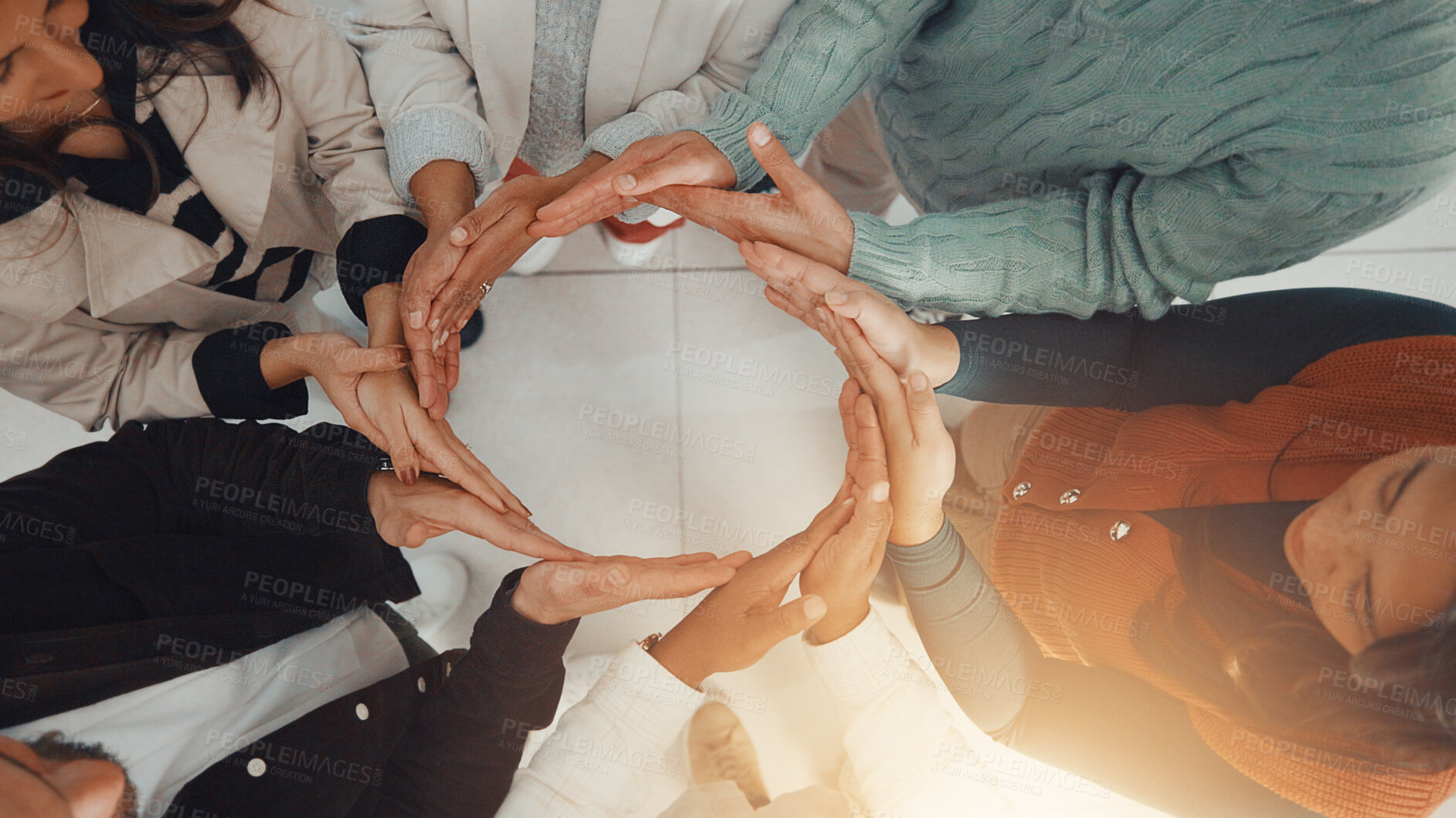 Buy stock photo Business people, hands circle and above for teamwork, support or collaboration with goals. Employees, group and together with connection for mission, target and staff synergy for unity or partnership