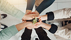 Above, seedling plant and business people in lobby, teamwork and eco friendly company. Employees, cooperation and hands together with earth day, support and climate change with green conservation