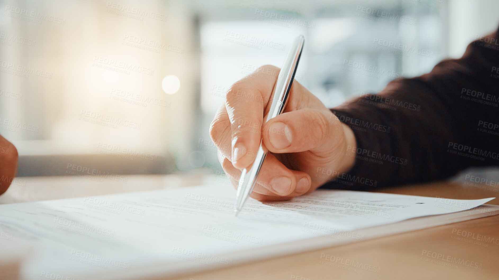 Buy stock photo Signature, documents and hands of business man in office for deal, contract and b2b agreement. Corporate, onboarding and worker with pen on paperwork for company form, partnership and application