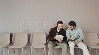 Buy stock photo Tablet, hiring and waiting room with business men for recruitment, show cv or planning with space. Interview, queue and workers in collaboration with tech for hr, discussion or help with application
