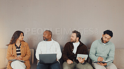 Buy stock photo Discussion, recruitment and waiting room with business people for hiring, planning and space. Interview, queue and group of workers with HR conversation, technology and job search for career advice