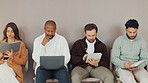 Office, recruitment and waiting room with business people for hiring, think or interview preparation. Hr, queue and group of workers for career opportunity, job search or writing notes with tech