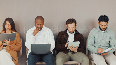 Buy stock photo Office, recruitment and waiting room with business people for hiring, think or interview preparation. Hr, queue and group of workers for career opportunity, job search or writing notes with tech