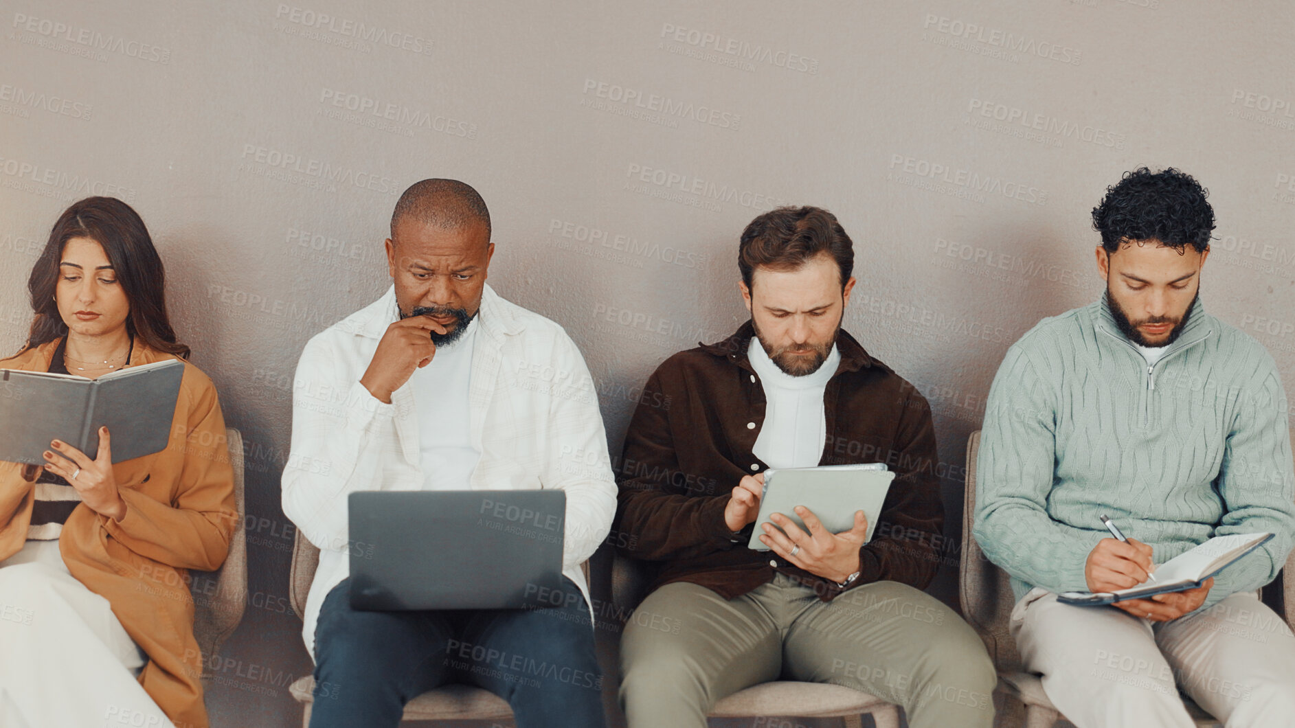 Buy stock photo Office, recruitment and waiting room with business people for hiring, think or interview preparation. Hr, queue and group of workers for career opportunity, job search or writing notes with tech