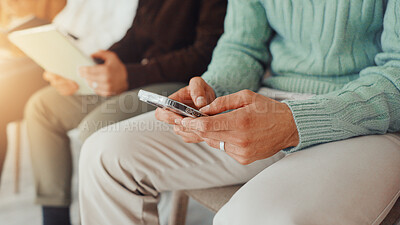 Buy stock photo Hands, business and person with phone in waiting room for job interview, sign up and company website. Candidate, mobile and typing for research, online application and reading feedback of recruitment