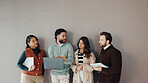 Business, people and talk with tablet in waiting room of job interview, sign up and company website. Staff, candidates and digital for research, online application and reading feedback of recruitment
