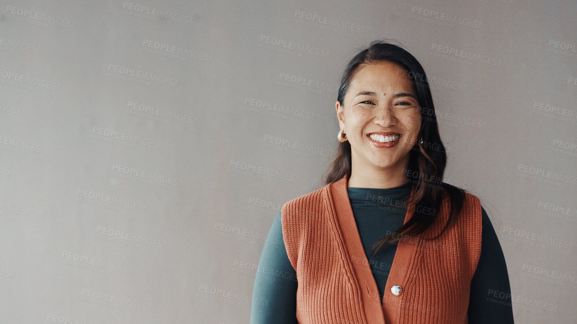 Buy stock photo Portrait, business and woman in studio, smile and professional writer on gray background. Japanese person, space and employee with happiness, copywriting and journalist with creativity and confidence
