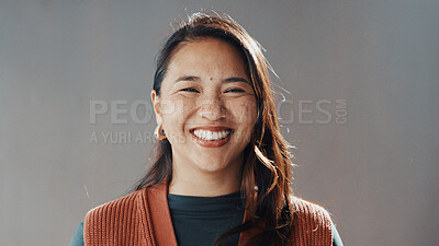 Buy stock photo Portrait, business and woman in studio, happy and professional writer on gray background. Japanese person, space and employee with confidence, copywriting and journalist with smile, creative or pride