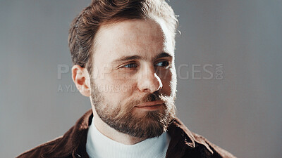 Buy stock photo Thinking, serious and man in studio with memory, ideas or self reflection of nostalgia. Planning, choice and male person with face for solution, remember or problem solving by gray background.