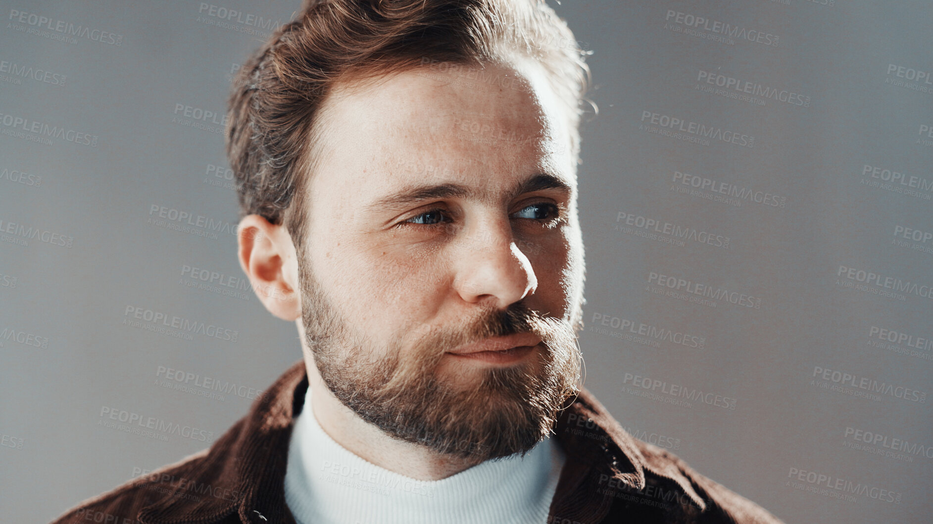 Buy stock photo Thinking, serious and man in studio with memory, ideas or self reflection of nostalgia. Planning, choice and male person with face for solution, remember or problem solving by gray background.