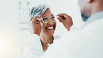 Smile, optometry and glasses with mature woman and doctor for eye care, results and consulting. Healthcare, ophthalmology and vision with patient in clinic for exam, eyesight and new prescription