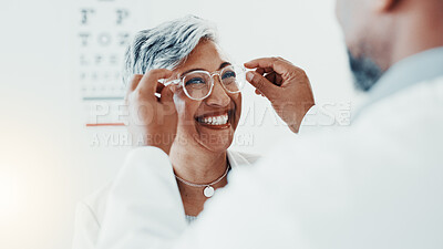 Buy stock photo Smile, optometry and glasses with mature woman and doctor for eye care, results and consulting. Healthcare, ophthalmology and vision with patient in clinic for exam, eyesight and new prescription