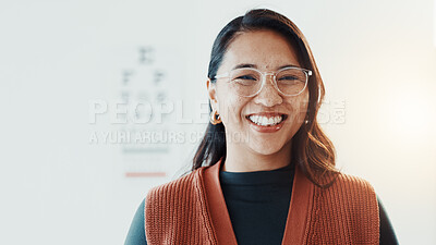 Buy stock photo Smile, woman and glasses for vision, eye care and portrait for optometry with health in clinic. Prescription lens, frame choice and healthcare, eyewear and exam with wellness and medical service