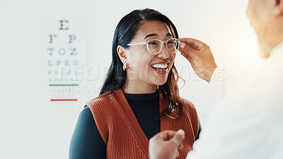 Buy stock photo Vision, optometry and glasses with woman and doctor for eye care, results and consulting. Healthcare, ophthalmology and smile with patient in clinic for exam, eyesight and new prescription or frame