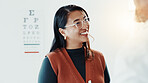 Smile, optometry and glasses with woman and doctor for eye care, results and consulting. Healthcare, ophthalmology and vision with patient in clinic for exam, eyesight and new prescription or frame