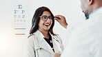 Smile, eye care and glasses with woman and doctor for optometry, results and consulting. Healthcare, ophthalmology and vision with patient in clinic for exam, eyesight and new prescription or frame