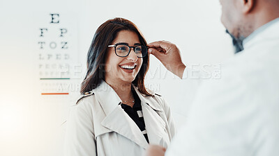 Buy stock photo Smile, eye care and glasses with woman and doctor for optometry, results and consulting. Healthcare, ophthalmology and vision with patient in clinic for exam, eyesight and new prescription or frame