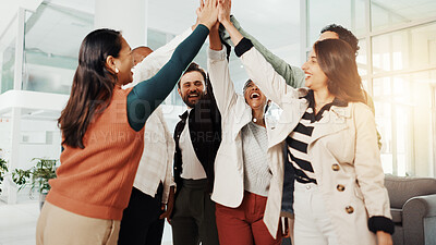 Buy stock photo Business people, hands together and celebration for collaboration, support or teamwork with goals. Employees, group and circle with high five for mission, target and staff synergy for exited success