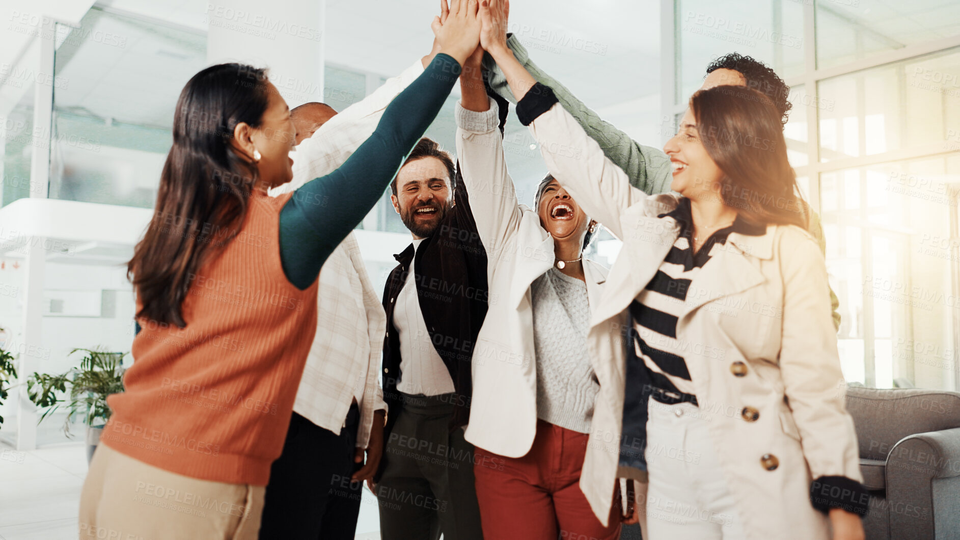Buy stock photo Business people, hands together and celebration for collaboration, support or teamwork with goals. Employees, group and circle with high five for mission, target and staff synergy for exited success