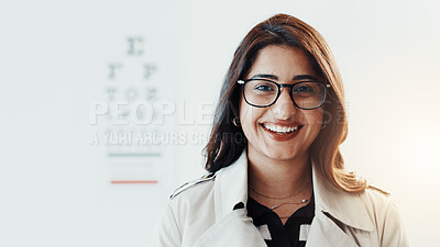 Buy stock photo Happy woman, optometrist and portrait at clinic with glasses, career and chart for eyesight assessment. Person, optician and smile with pride, confidence and eye care services for vision in Mexico