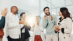 Teamwork, applause and celebration by business people with achievement for trust, support and group. Collaboration, clapping hands and success with winning employees for promotion, target and goal