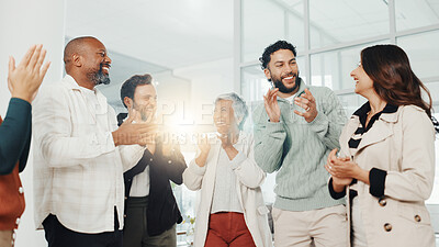 Buy stock photo Teamwork, applause and celebration by business people with achievement for trust, support and group. Collaboration, clapping hands and success with winning employees for promotion, target and goal
