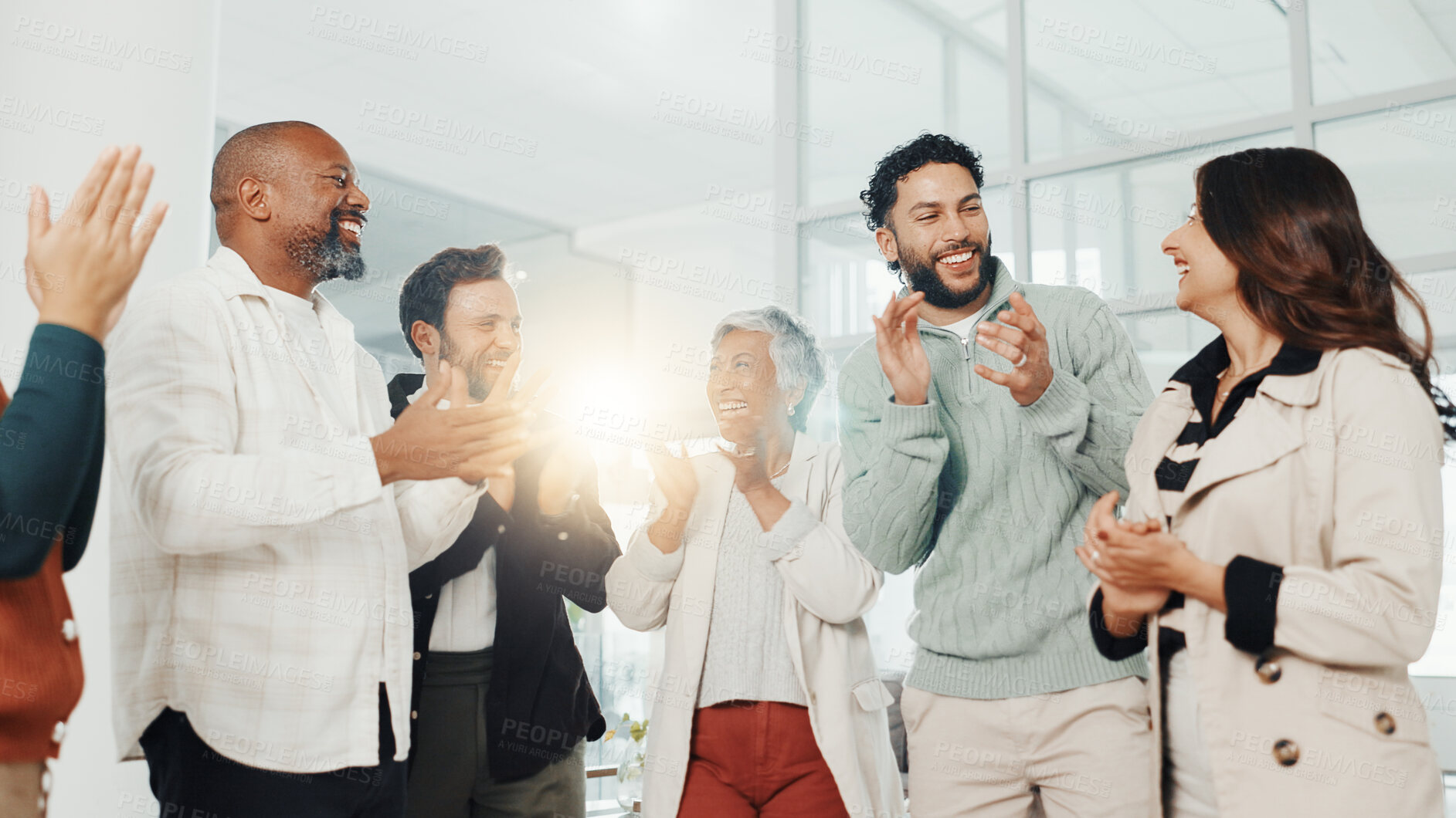Buy stock photo Teamwork, applause and celebration by business people with achievement for trust, support and group. Collaboration, clapping hands and success with winning employees for promotion, target and goal