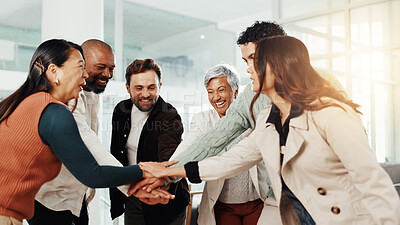 Buy stock photo Teamwork, motivation and hands together of business people with mission for trust, support and group huddle. Collaboration, circle and success with winning employees for celebration, target and goal