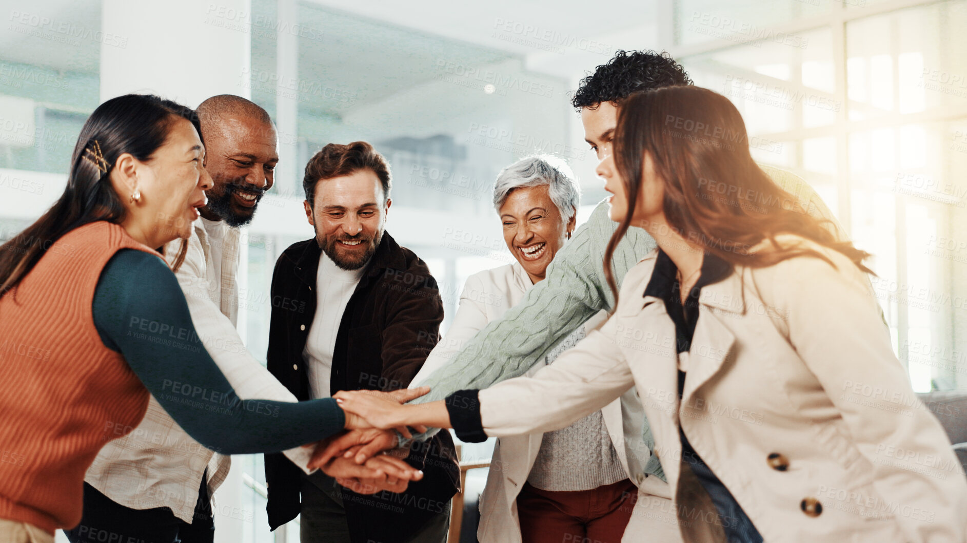 Buy stock photo Teamwork, motivation and hands together of business people with mission for trust, support and group huddle. Collaboration, circle and success with winning employees for celebration, target and goal