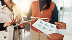 Documents, teamwork and business people in office, charts for budget report and profit increase. Employees, group and financial agency with paperwork, planning and graphs with support and accounting