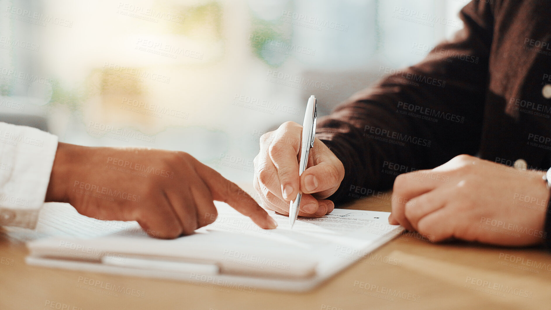 Buy stock photo Signature, documents and hands of business people pointing for deal, contract and agreement. Corporate, onboarding and workers with pen on paperwork for company form, partnership and application