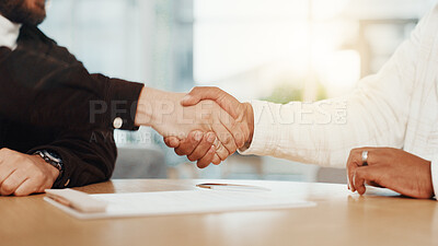 Buy stock photo Shaking hands, interview and thanks for hiring at office with resume, documents and contract at company. People, HR manager and staff recruitment with handshake, onboarding and paperwork at agency