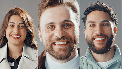 Buy stock photo Collage, smile and portrait of business people in studio for about us, company staff and team. Professional, career and face of men and woman with confidence, pride and happy on white background