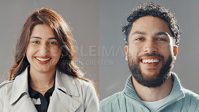 Buy stock photo Collage, career and portrait of business people in studio for about us, company staff and team. Professional, happy and face of man and woman with confidence, pride and smile on white background