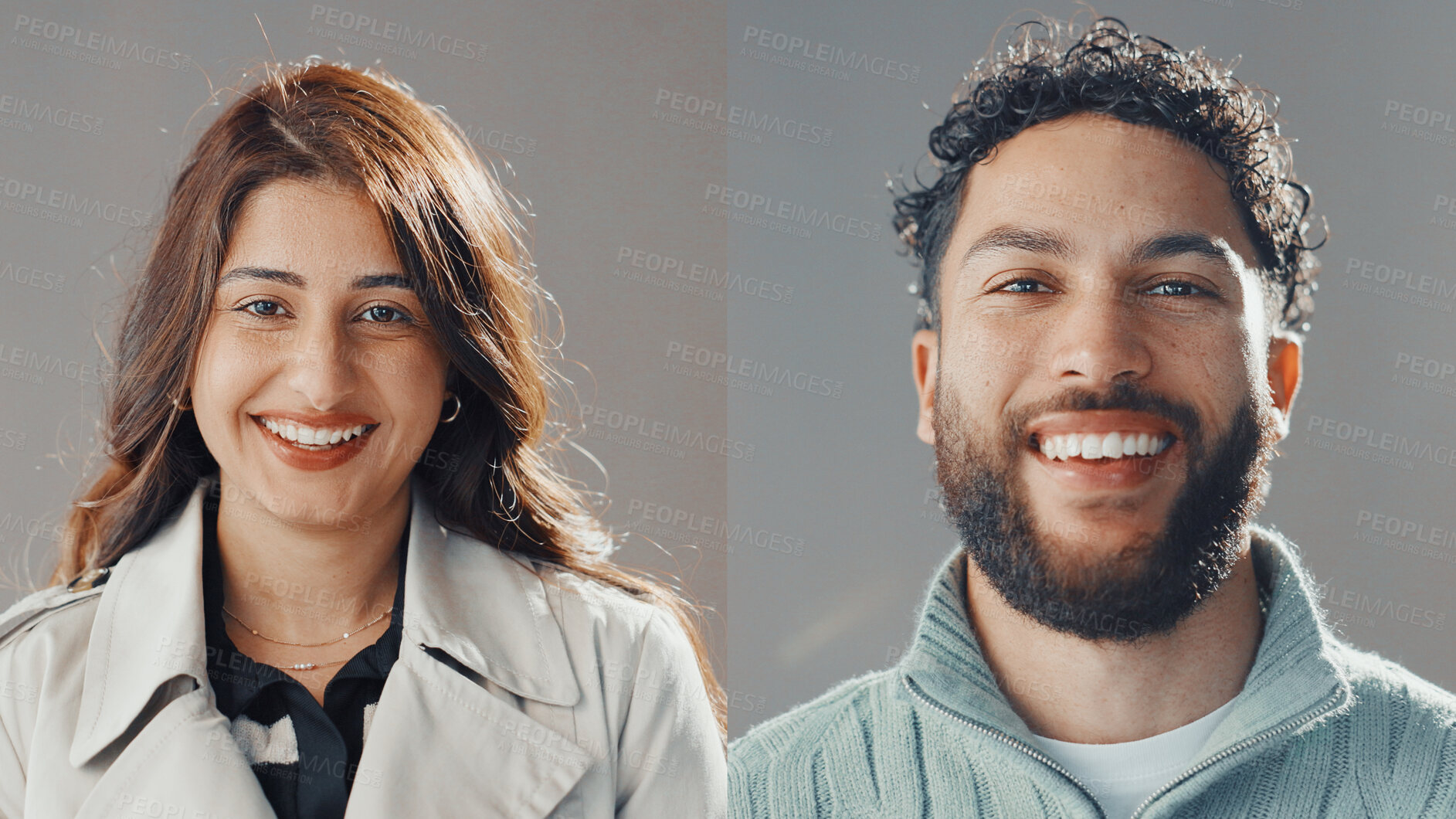 Buy stock photo Collage, career and portrait of business people in studio for about us, company staff and team. Professional, happy and face of man and woman with confidence, pride and smile on white background