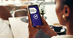 Phone screen, travel insurance and hands of woman for digital application, app and sign up. Claims status, membership benefits and safety cover with person for login and online review in cafe