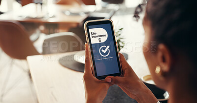 Buy stock photo Cafe, online and hands with phone, life insurance and approval of application on web or information. Screen, status and person with mobile for financial protection, coverage and membership on app