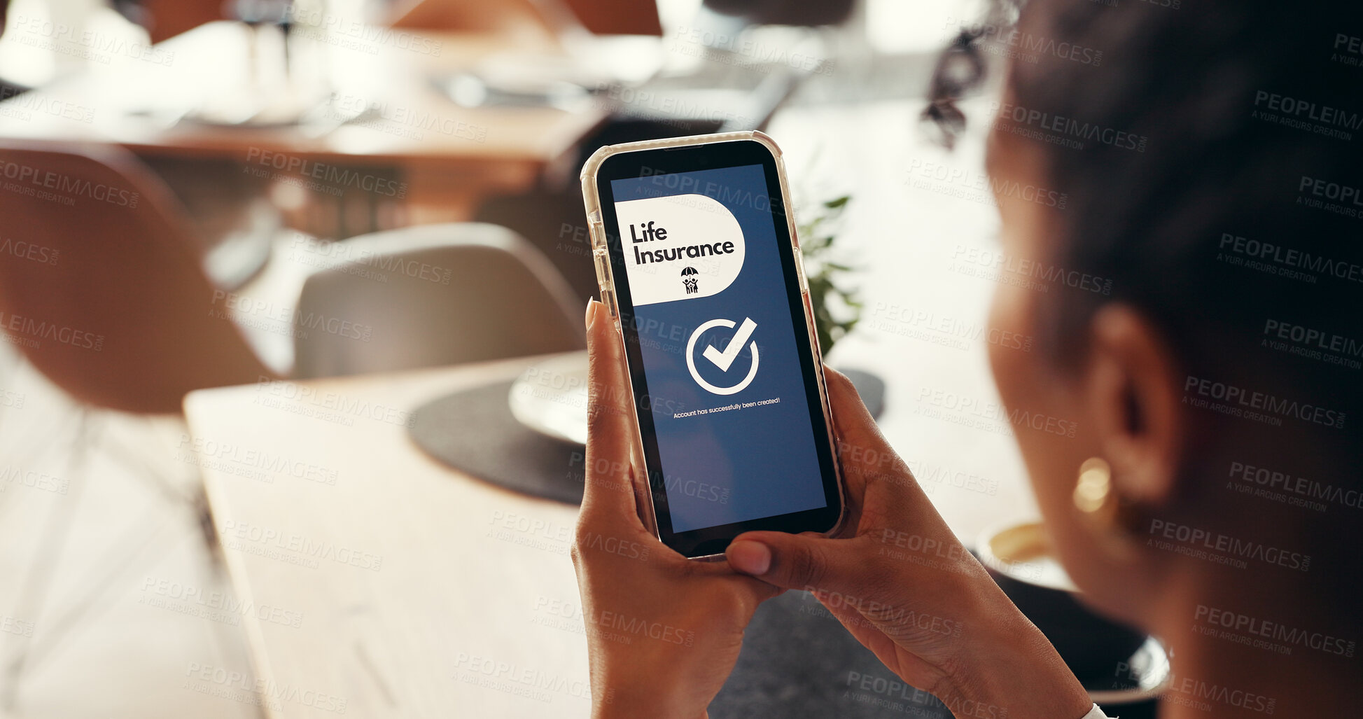 Buy stock photo Cafe, online and hands with phone, life insurance and approval of application on web or information. Screen, status and person with mobile for financial protection, coverage and membership on app